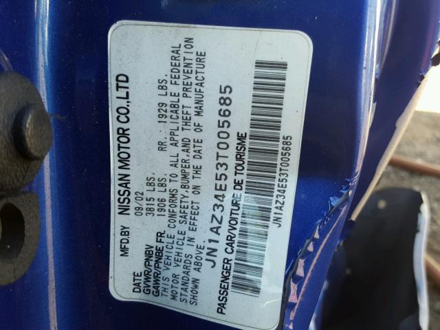 JN1AZ34E53T005685 - 2003 NISSAN 350Z COUPE BLUE photo 10