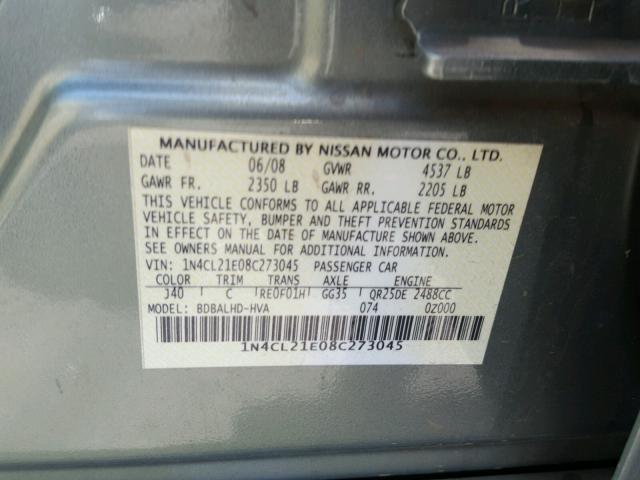 1N4CL21E08C273045 - 2008 NISSAN ALTIMA HYB GREEN photo 10