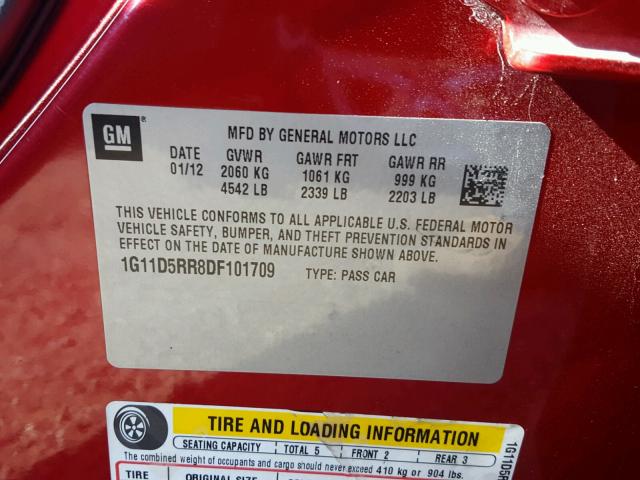 1G11D5RR8DF101709 - 2013 CHEVROLET MALIBU 1LT RED photo 10