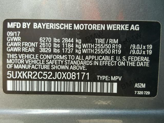 5UXKR2C52J0X08171 - 2018 BMW X5 SDRIVE3 SILVER photo 10