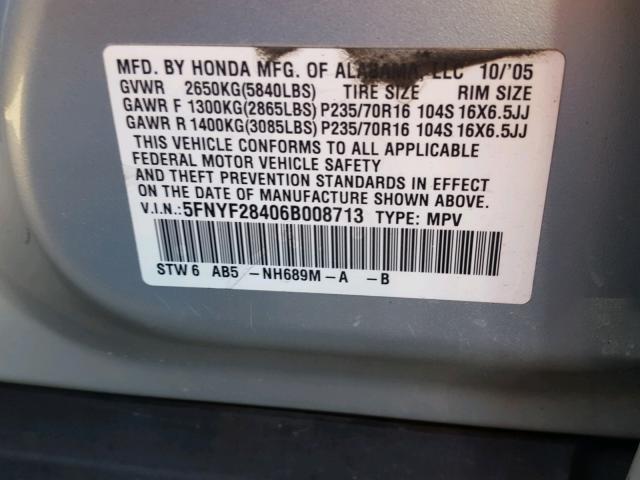 5FNYF28406B008713 - 2006 HONDA PILOT EX SILVER photo 10