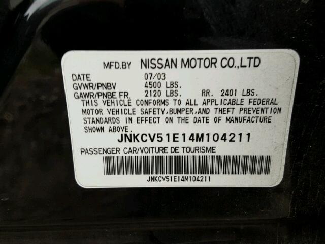 JNKCV51E14M104211 - 2004 INFINITI G35 BLACK photo 10