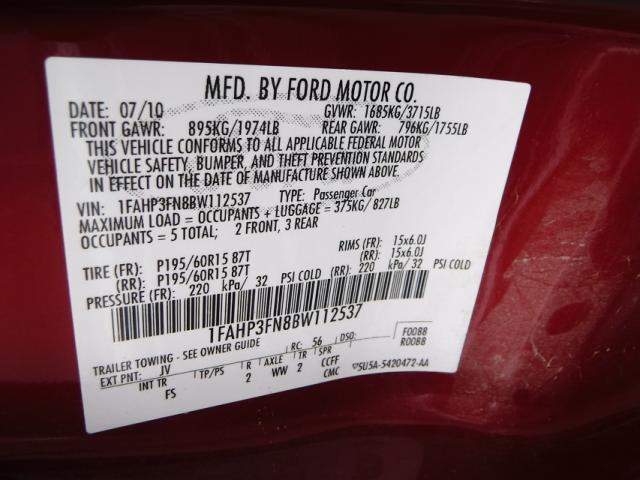 1FAHP3FN8BW112537 - 2011 FORD FOCUS SE RED photo 10