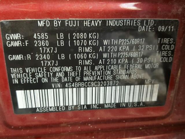 4S4BRBCC9C3203872 - 2012 SUBARU OUTBACK 2. RED photo 10