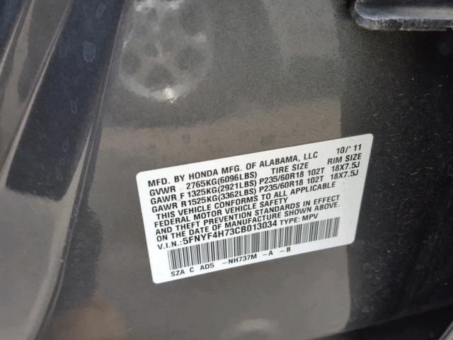 5FNYF4H73CB013034 - 2012 HONDA PILOT EXLN CHARCOAL photo 10