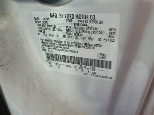 1FT8X3A68CED00007 - 2012 FORD F350 SUPER WHITE photo 10