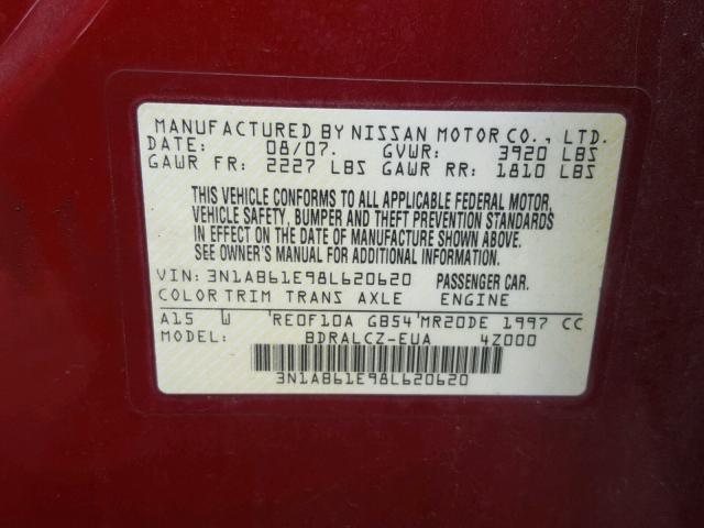 3N1AB61E98L620620 - 2008 NISSAN SENTRA 2.0 RED photo 10