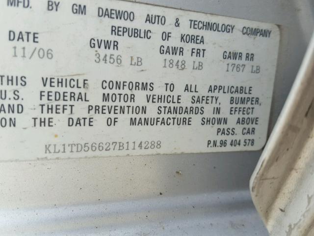 KL1TD56627B114288 - 2007 CHEVROLET AVEO BASE Күміс фото 10