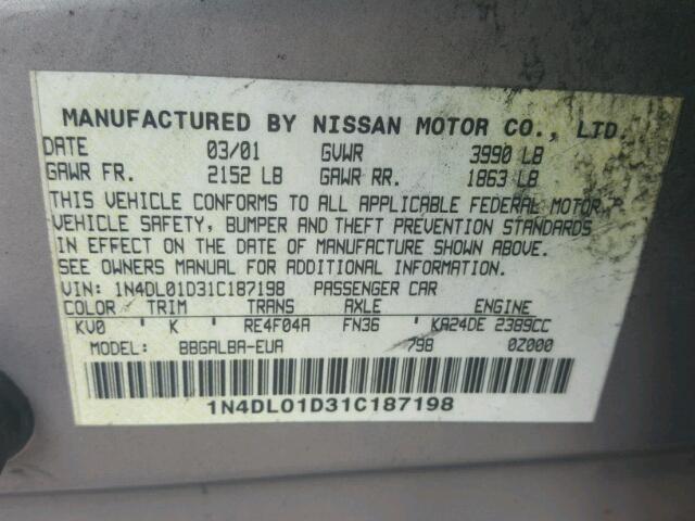 1N4DL01D31C187198 - 2001 NISSAN ALTIMA XE GRAY photo 10