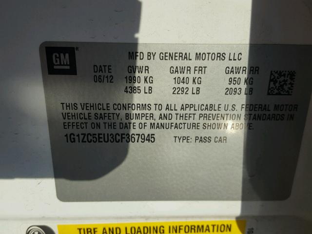 1G1ZC5EU3CF367945 - 2012 CHEVROLET MALIBU 1LT WHITE photo 10