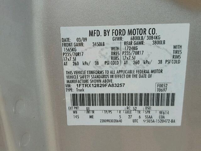 1FTRX12829FA83257 - 2009 FORD F150 SUPER SILVER photo 10