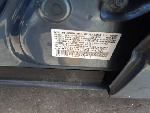 5FNYF28177B013236 - 2007 HONDA PILOT LX BLUE photo 10