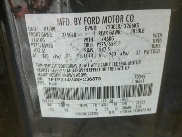 1FTPX14V48FC36875 - 2008 FORD F150 BLACK photo 10