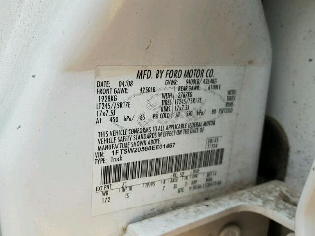 1FTSW20568EE01467 - 2008 FORD F250 WHITE photo 10