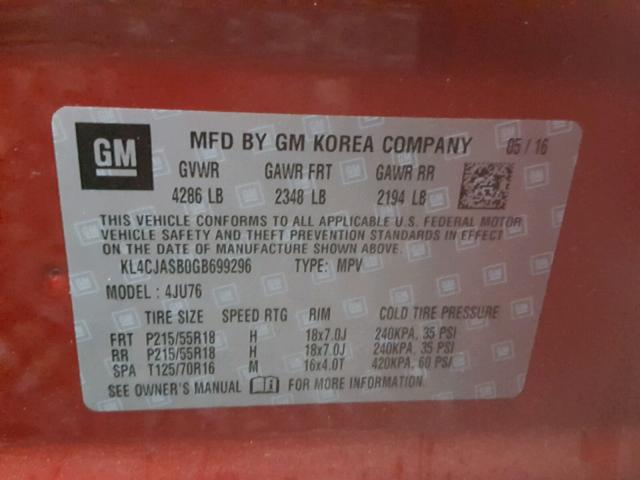 KL4CJASB0GB699296 - 2016 BUICK ENCORE RED photo 10