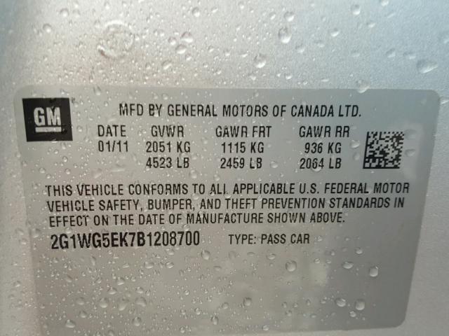 2G1WG5EK7B1208700 - 2011 CHEVROLET IMPALA LT Արծաթագույն լուսանկար 10