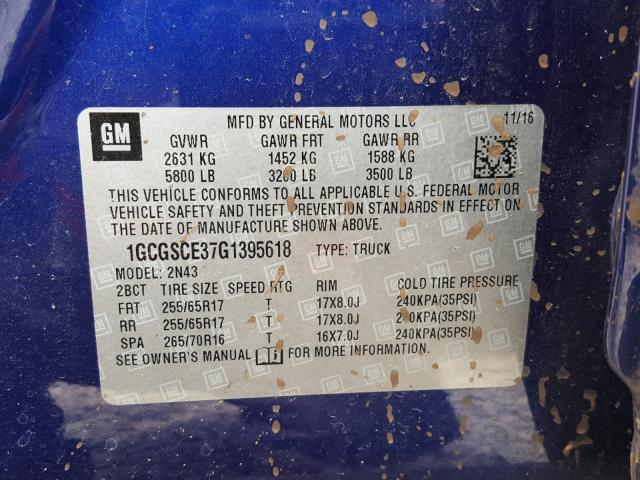 1GCGSCE37G1395618 - 2016 CHEVROLET COLORADO L BLUE photo 10