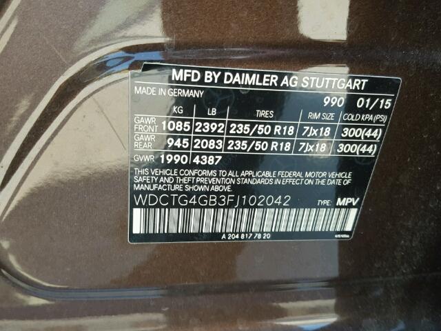 WDCTG4GB3FJ102042 - 2015 MERCEDES-BENZ GLA BROWN photo 10