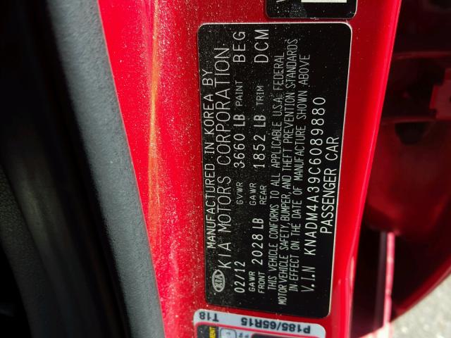 KNADM4A39C6089880 - 2012 KIA RIO LX RED photo 10