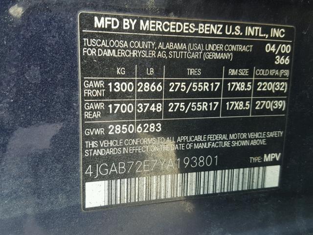 4JGAB72E7YA193801 - 2000 MERCEDES-BENZ ML 430 蓝色 照片 10