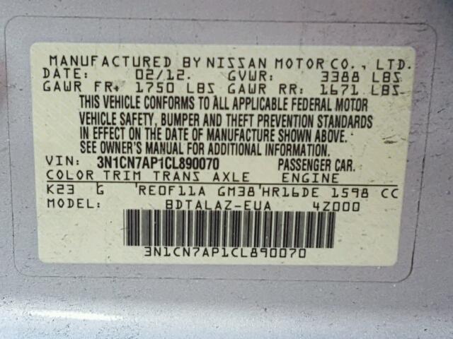 3N1CN7AP1CL890070 - 2012 NISSAN VERSA SILVER photo 10