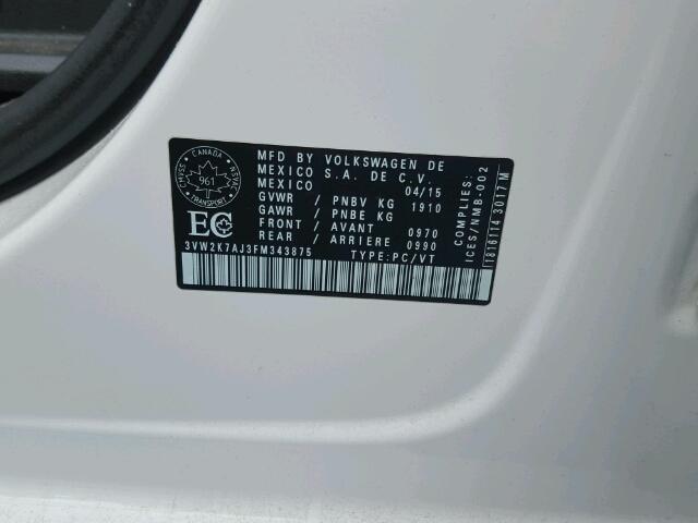 3VW2K7AJ3FM343875 - 2015 VOLKSWAGEN JETTA BASE WHITE photo 10