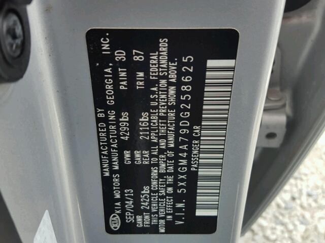 5XXGM4A79DG258625 - 2013 KIA OPTIMA SILVER photo 10