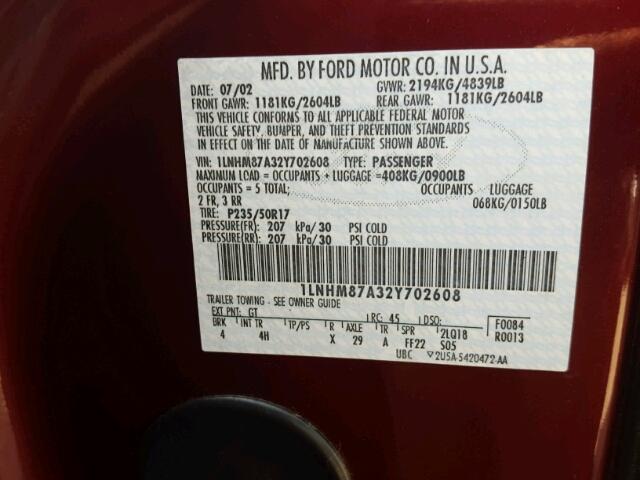1LNHM87A32Y702608 - 2002 LINCOLN LS 勃艮第红 照片 10