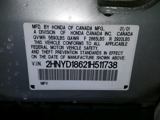 2HNYD18621H511738 - 2001 ACURA MDX SILVER photo 15