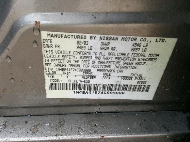 1N4BA41E74C803888 - 2004 NISSAN MAXIMA SE GOLD photo 10