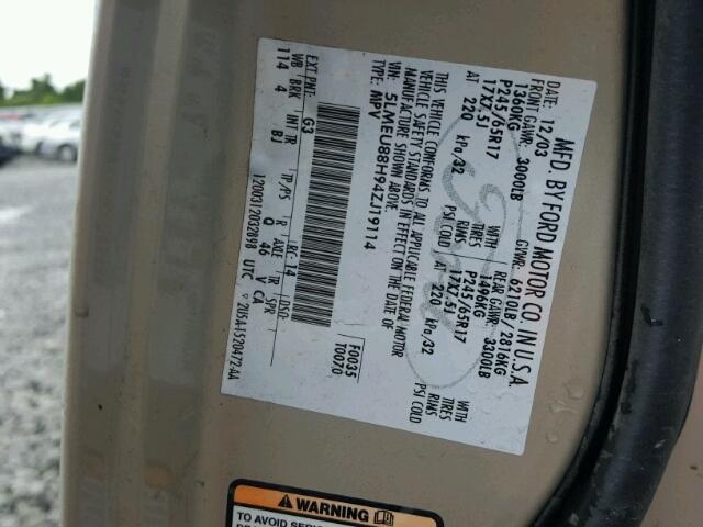 5LMEU88H94ZJ19114 - 2004 LINCOLN AVIATOR GOLD photo 10