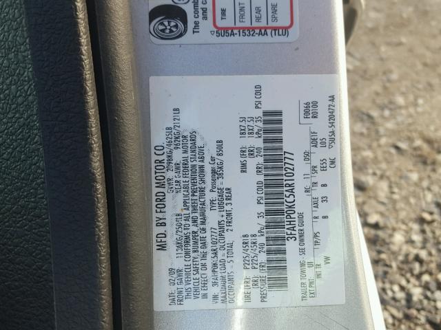 3FAHP0KC5AR102777 - 2010 FORD FUSION SPO SILVER photo 10