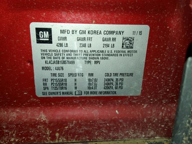 KL4CJASB1GB578499 - 2016 BUICK ENCORE RED photo 10