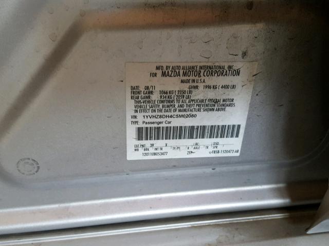 1YVHZ8DH4C5M02080 - 2012 MAZDA 6 I Plata foto 10