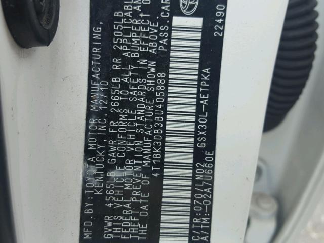 4T1BK3DB3BU405888 - 2011 TOYOTA AVALON BAS WHITE photo 10