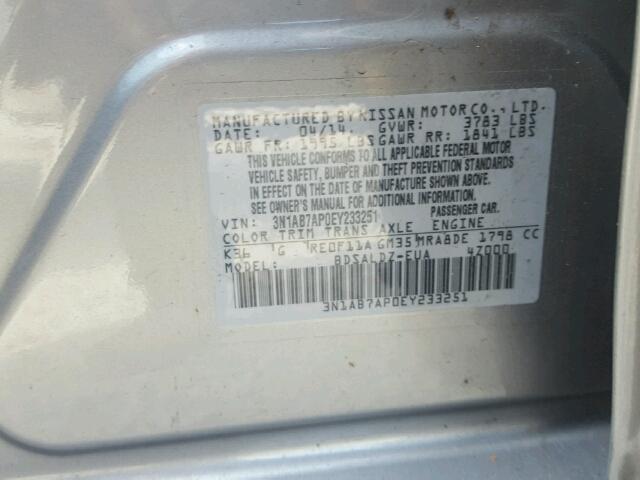 3N1AB7AP0EY233251 - 2014 NISSAN SENTRA SILVER photo 10