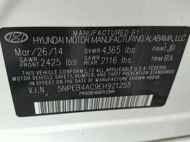 5NPEB4AC9EH921255 - 2014 HYUNDAI SONATA GLS WHITE photo 10