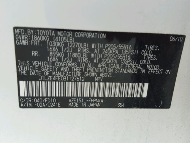 JTLZE4FE0B1127612 - 2011 TOYOTA SCION XB WHITE photo 10