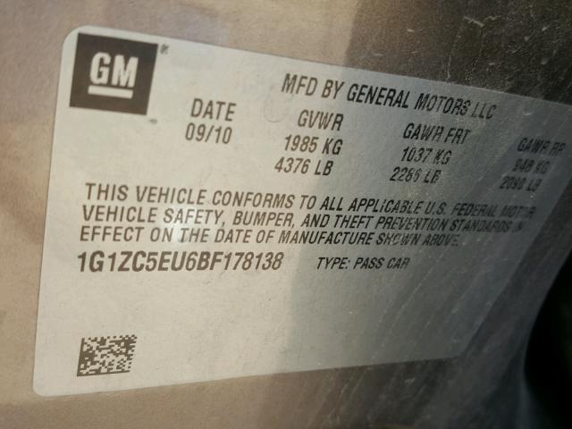 1G1ZC5EU6BF178138 - 2011 CHEVROLET MALIBU 1LT GRAY photo 10