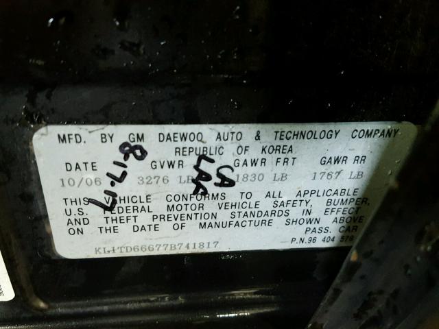 KL1TD66677B741817 - 2007 CHEVROLET AVEO BASE Czarny zdjęcie 10