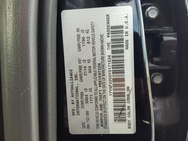 1YVGF22C0Y5171534 - 2000 MAZDA 626 ES BLACK photo 10