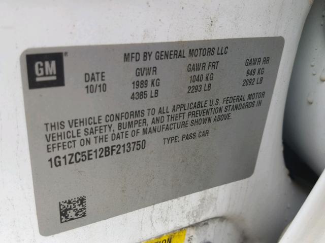 1G1ZC5E12BF213750 - 2011 CHEVROLET MALIBU 1LT WHITE photo 10