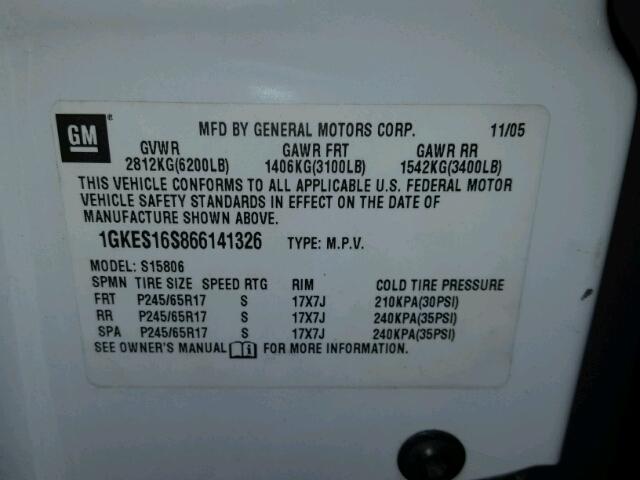 1GKES16S866141326 - 2006 GMC ENVOY WHITE photo 10