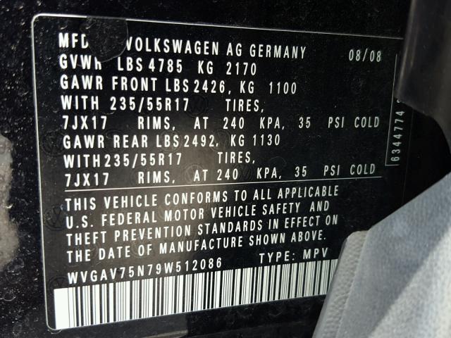 WVGAV75N79W512086 - 2009 VOLKSWAGEN TIGUAN S 黑色 照片 10