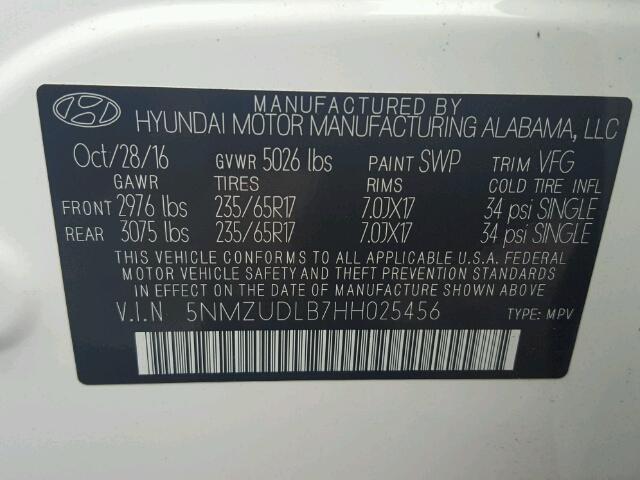 5NMZUDLB7HH025456 - 2017 HYUNDAI SANTA FE S 白色 照片 10