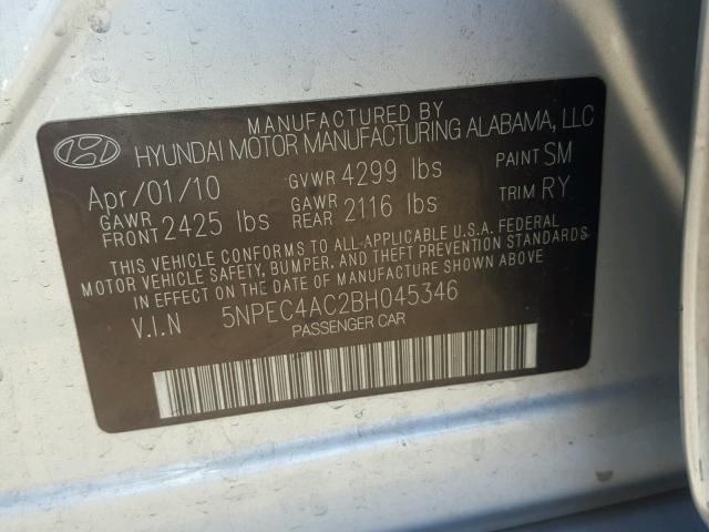 5NPEC4AC2BH045346 - 2011 HYUNDAI SONATA SE SILVER photo 10