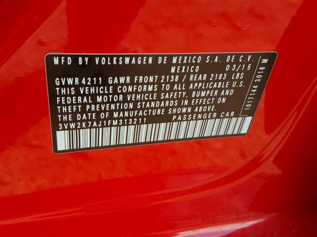 3VW2K7AJ1FM313211 - 2015 VOLKSWAGEN JETTA BASE 红色 照片 10