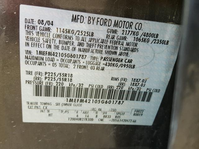 1MEFM42105G601787 - 2005 MERCURY MONTEGO GRAY photo 10