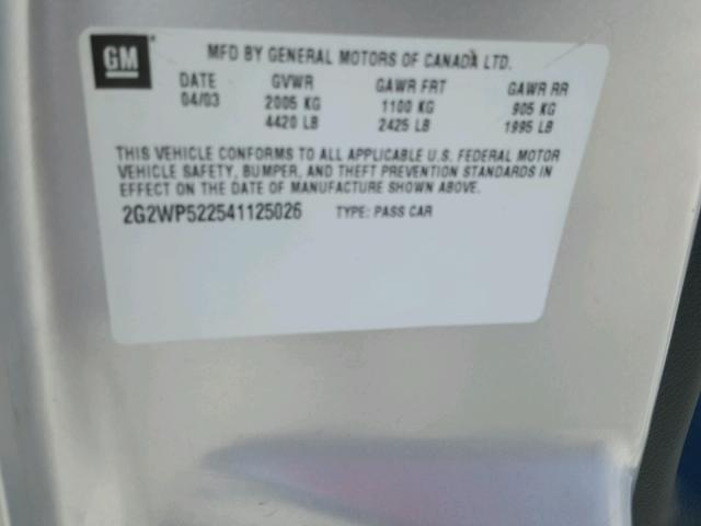 2G2WP522541125026 - 2004 PONTIAC GRAND PRIX SILVER photo 10