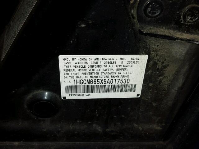 1HGCM665X5A017530 - 2005 HONDA ACCORD EX BLACK photo 10